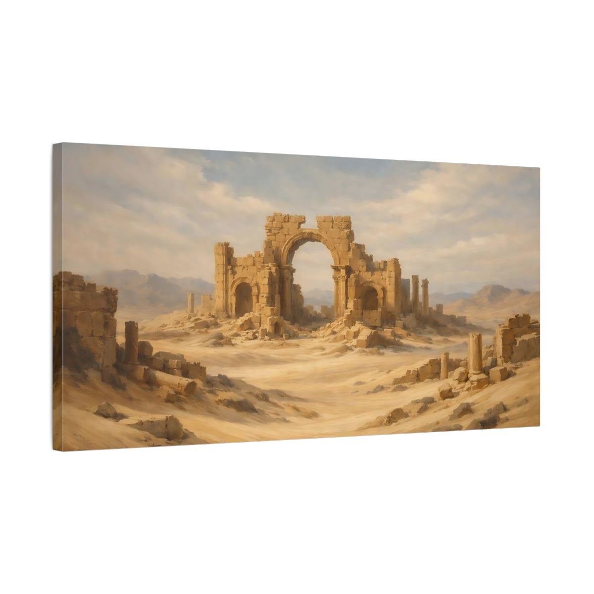 Side Mockup 2. Vintage Desert Ruins Brown And Blue shown as stretched canvas wall art