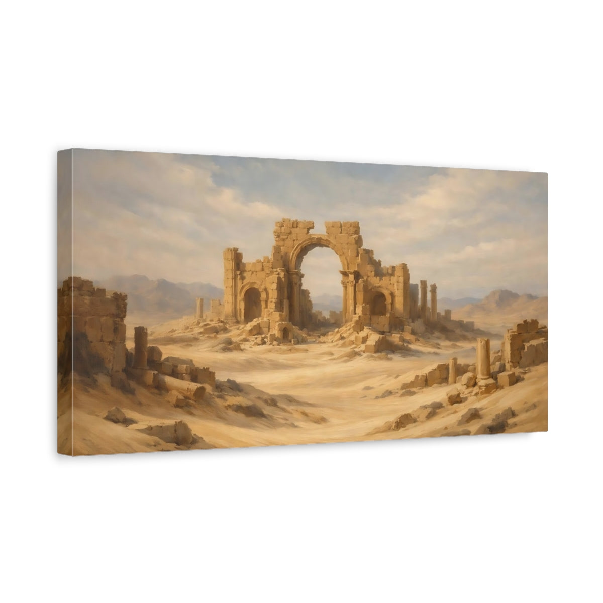 Side Mockup 3. Vintage Desert Ruins Brown And Blue shown as stretched canvas wall art