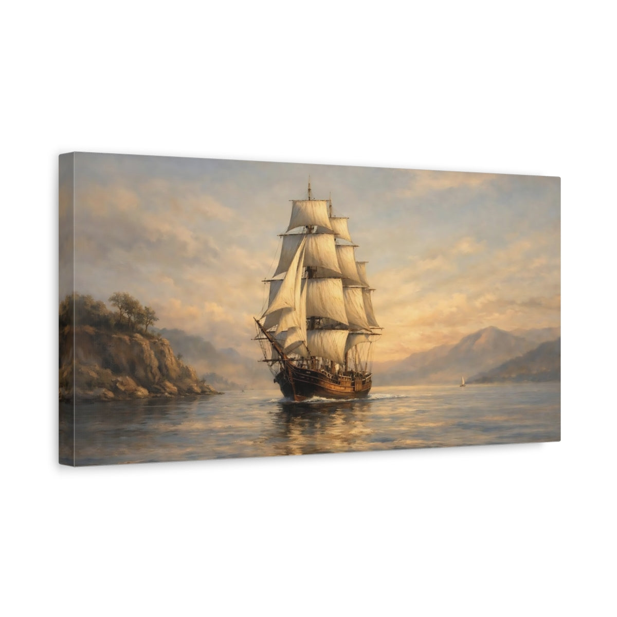 Side Mockup 3. Vintage Tall Ship Golden Seascape shown as stretched canvas wall art
