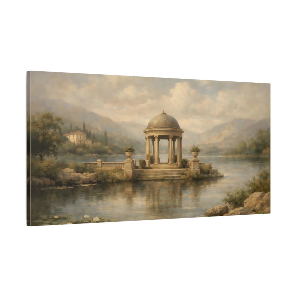 Side Mockup 1. Nature Classical Gazebo Muted Lake Scene shown as stretched canvas wall art