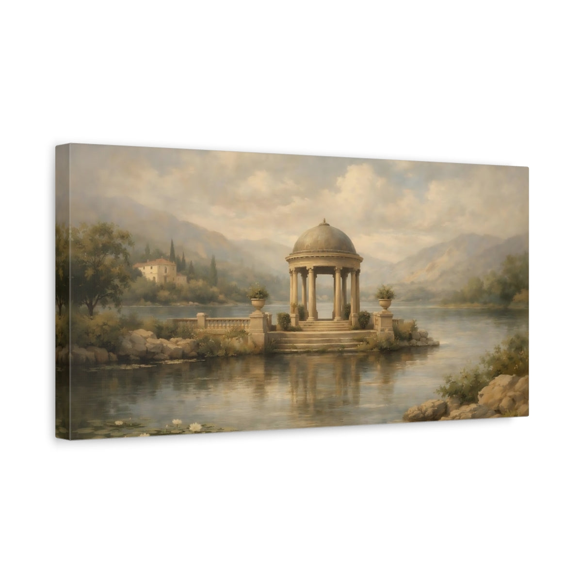 Side Mockup 3. Nature Classical Gazebo Muted Lake Scene shown as stretched canvas wall art