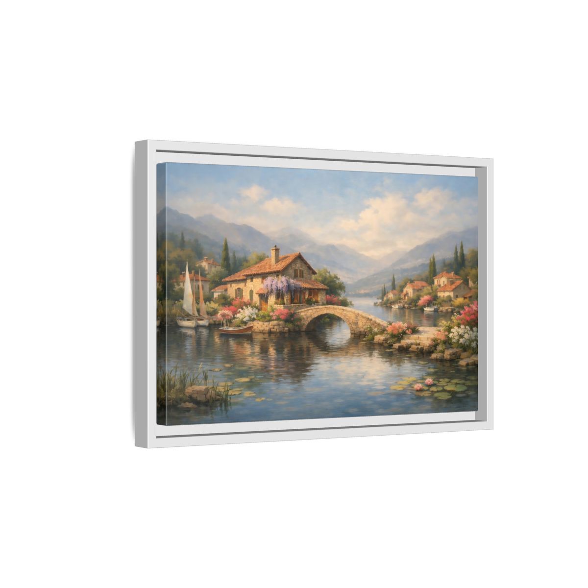 Side Mockup 4. Nature Lakeside Village Lakeside Village shown as stretched canvas wall art