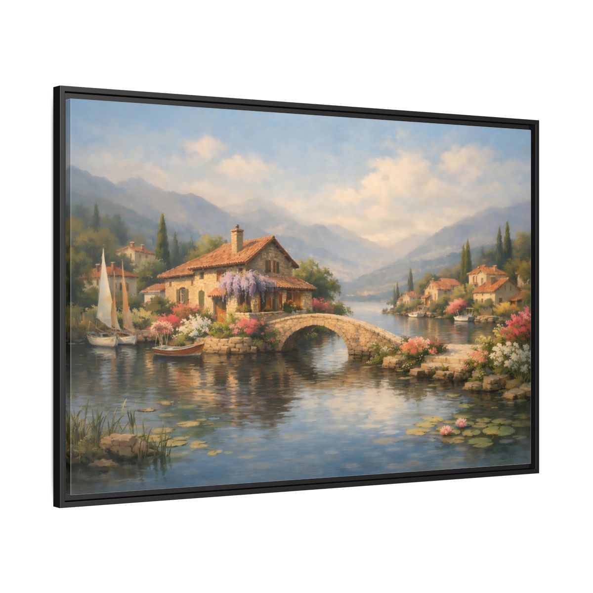 Side Mockup 12. Nature Lakeside Village Lakeside Village shown as stretched canvas wall art