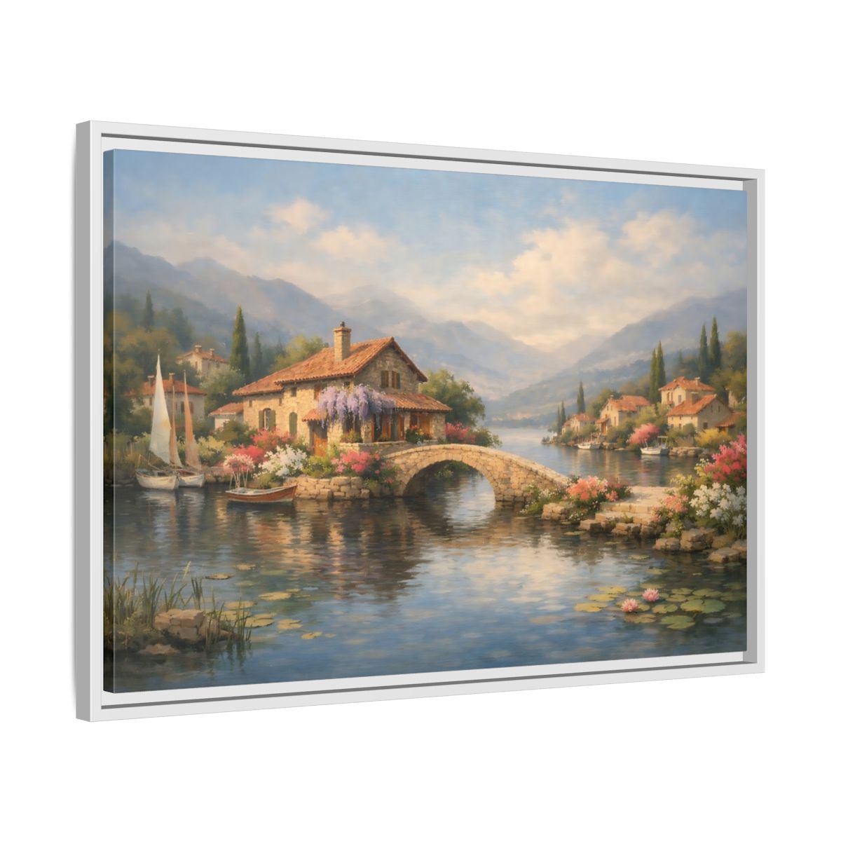 Side Mockup 10. Nature Lakeside Village Lakeside Village shown as stretched canvas wall art