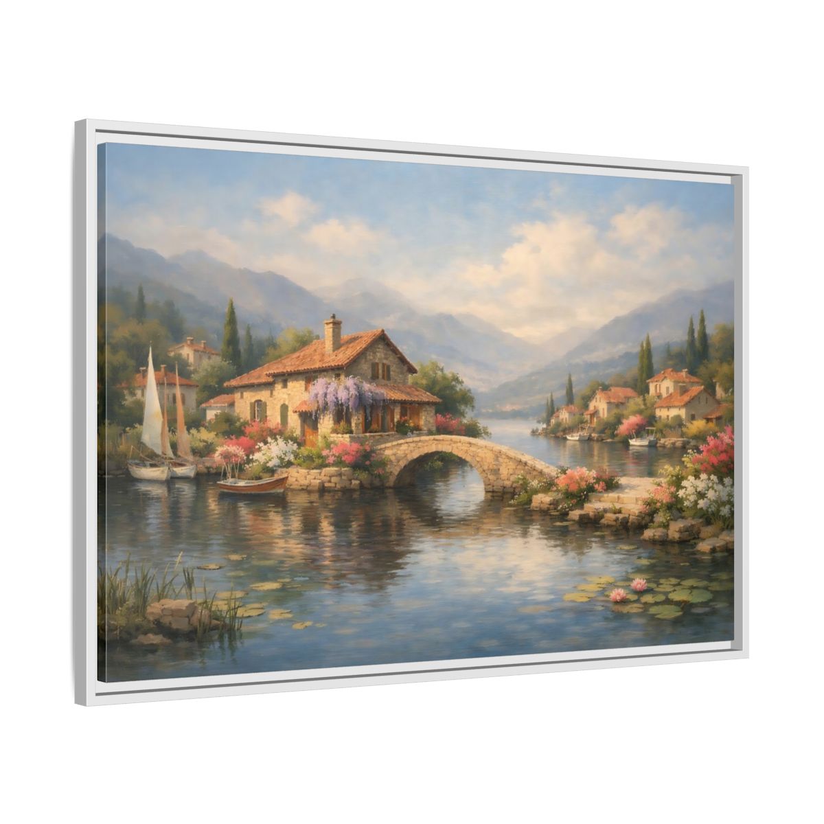Side Mockup 8. Nature Lakeside Village Lakeside Village shown as stretched canvas wall art