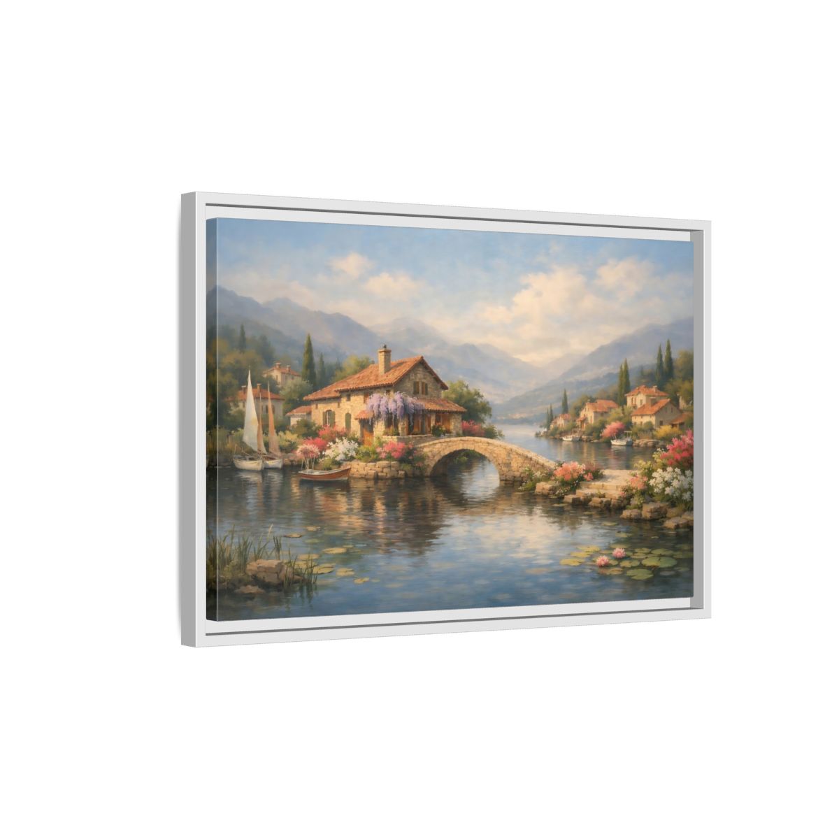 Side Mockup 1. Nature Lakeside Village Lakeside Village shown as stretched canvas wall art