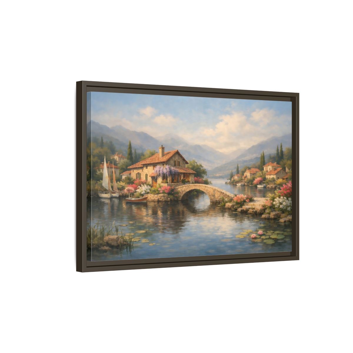 Side Mockup 2. Nature Lakeside Village Lakeside Village shown as stretched canvas wall art