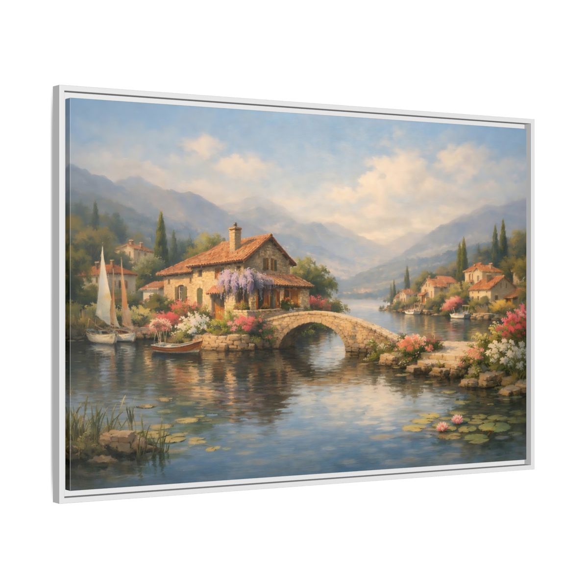 Side Mockup 7. Nature Lakeside Village Lakeside Village shown as stretched canvas wall art