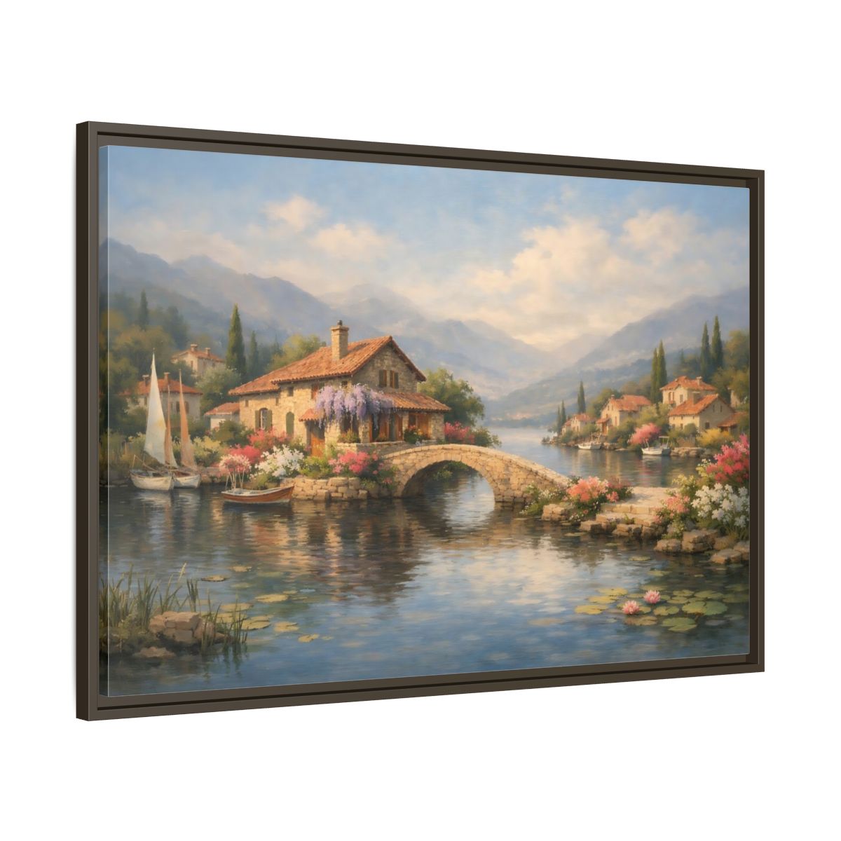 Side Mockup 9. Nature Lakeside Village Lakeside Village shown as stretched canvas wall art