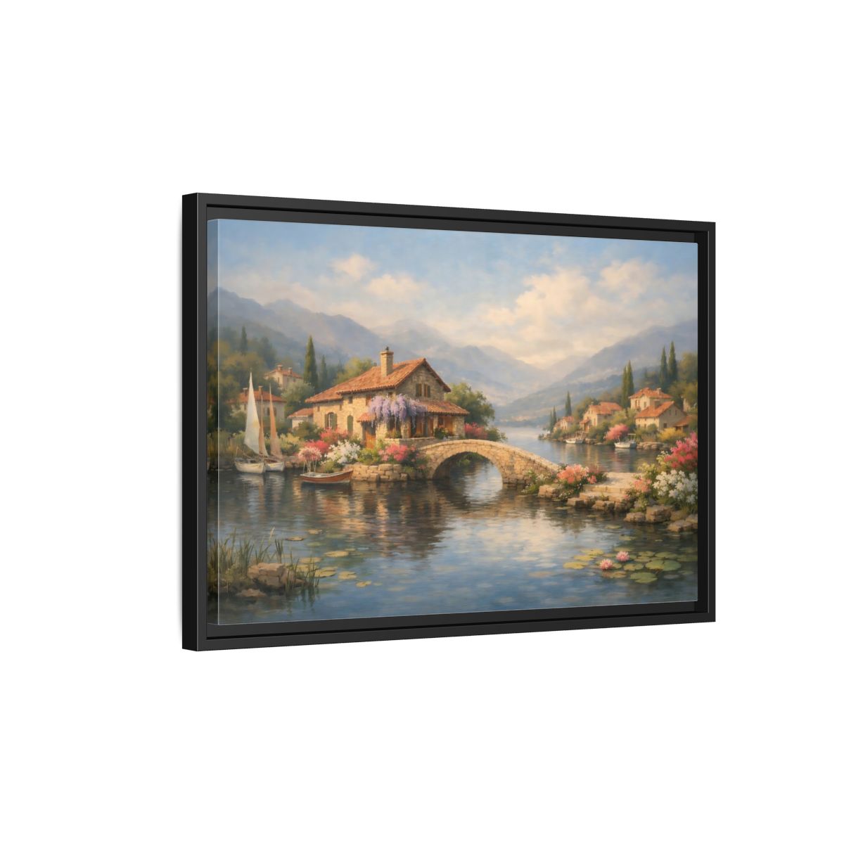 Side Mockup 3. Nature Lakeside Village Lakeside Village shown as stretched canvas wall art
