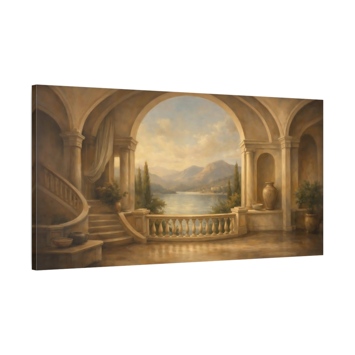 Side Mockup 1. Nature Lake Vista Warm Mediterranean shown as stretched canvas wall art