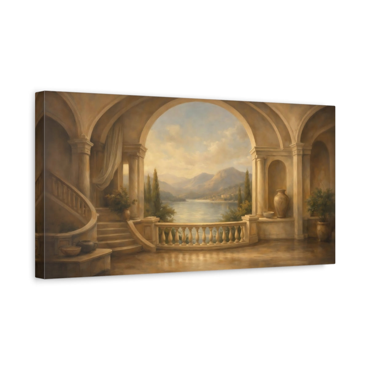 Side Mockup 3. Nature Lake Vista Warm Mediterranean shown as stretched canvas wall art