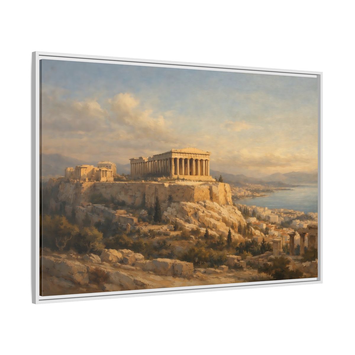 Side Mockup 7. Vintage Parthenon Golden Hour Landscape shown as stretched canvas wall art