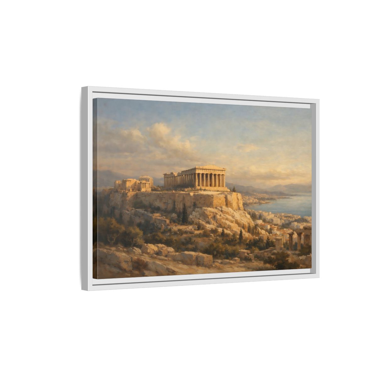 Side Mockup 1. Vintage Parthenon Golden Hour Landscape shown as stretched canvas wall art