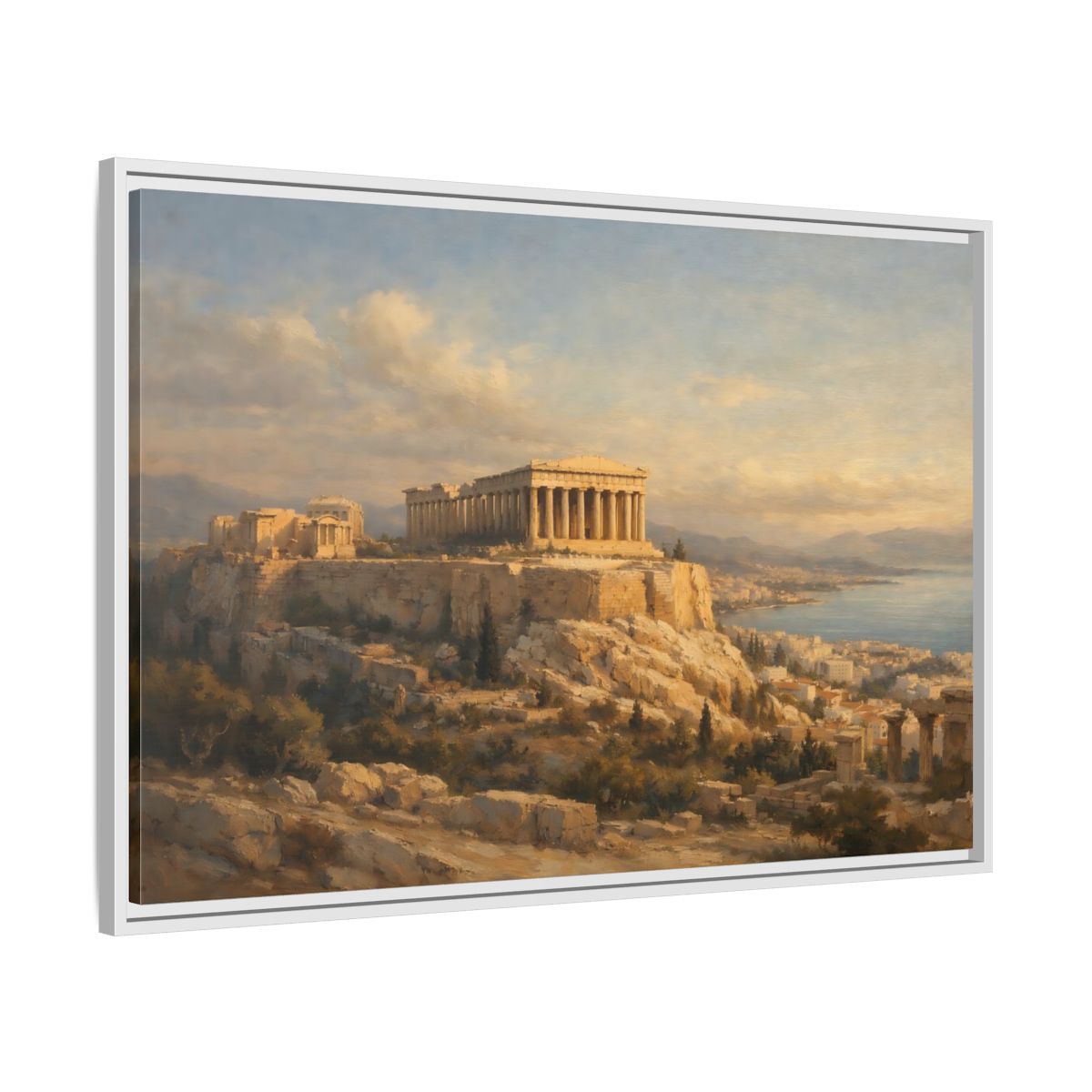 Side Mockup 8. Vintage Parthenon Golden Hour Landscape shown as stretched canvas wall art