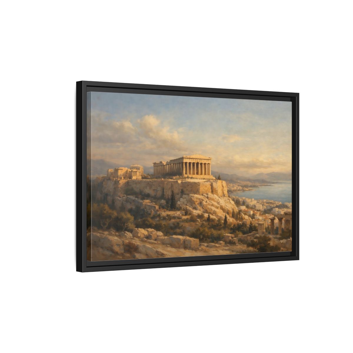 Side Mockup 3. Vintage Parthenon Golden Hour Landscape shown as stretched canvas wall art
