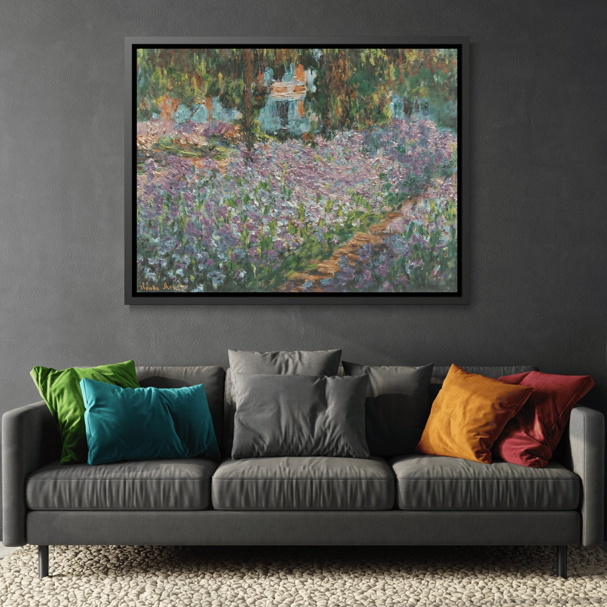 Claude Monet Artists Garden Giverny - Framed Canvas Wall Art Print with Black Frame