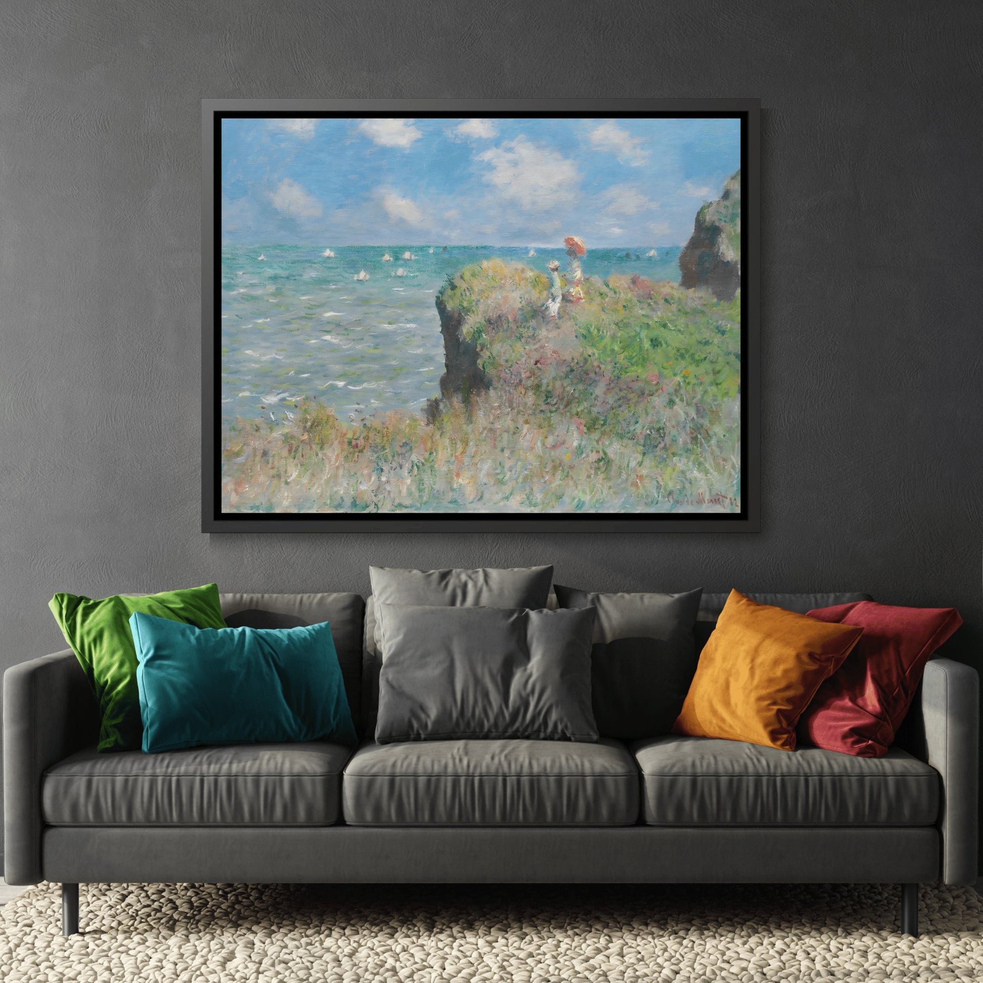 Claude Monet Cliff Walk at Pourville - Famous Framed Canvas Wall Art Print in Black Pinewood Frame