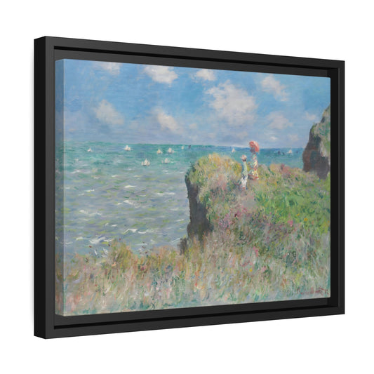 Claude Monet Cliff Walk at Pourville - Famous Framed Canvas Wall Art Print in Black Pinewood Frame