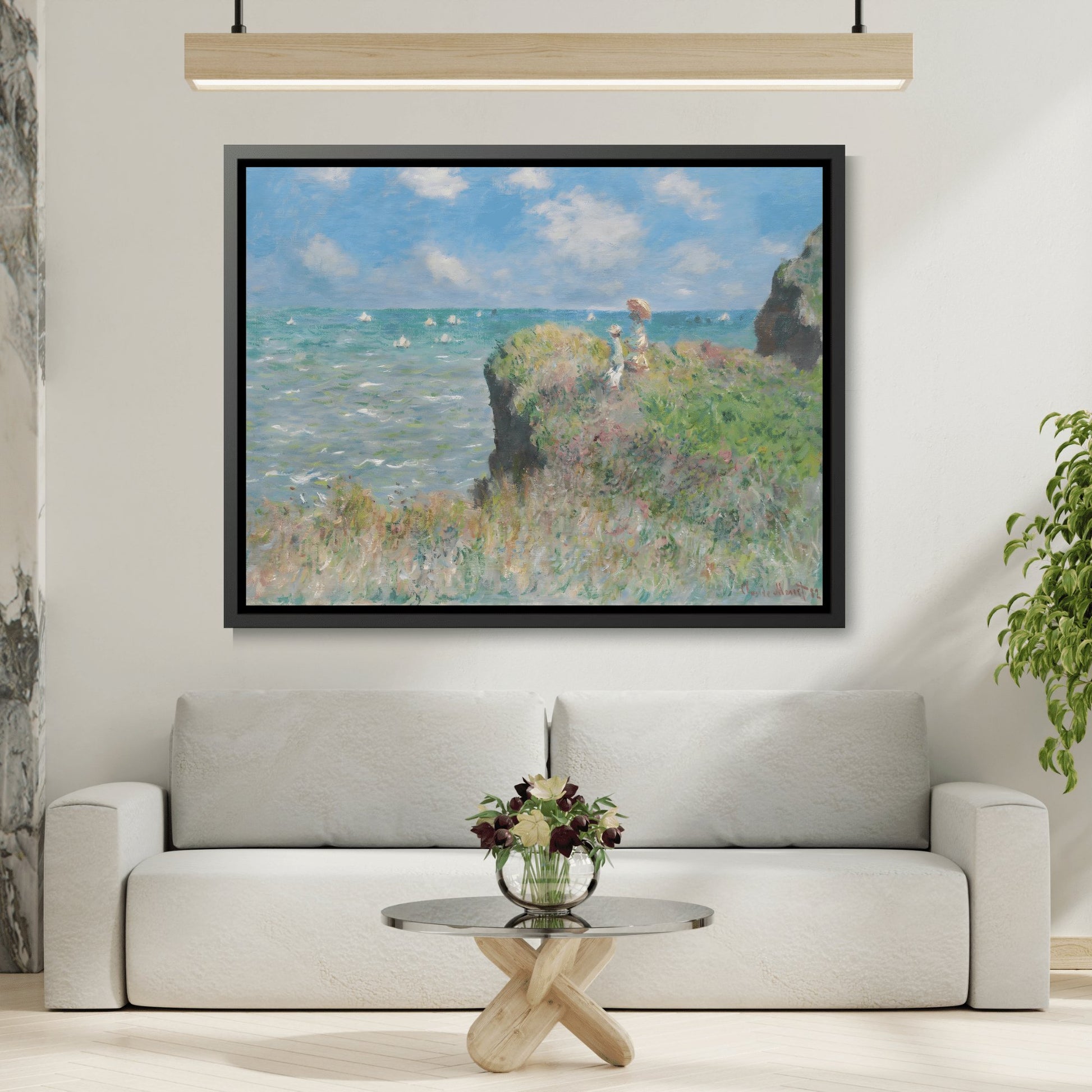 Claude Monet Cliff Walk at Pourville - Famous Framed Canvas Wall Art Print in Black Pinewood Frame