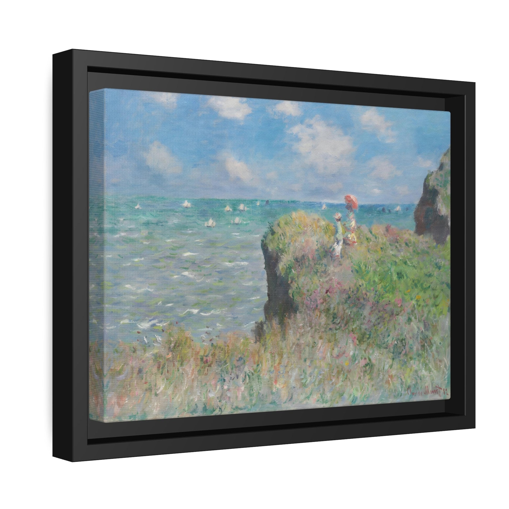 Claude Monet Cliff Walk at Pourville - Famous Framed Canvas Wall Art Print in Black Pinewood Frame