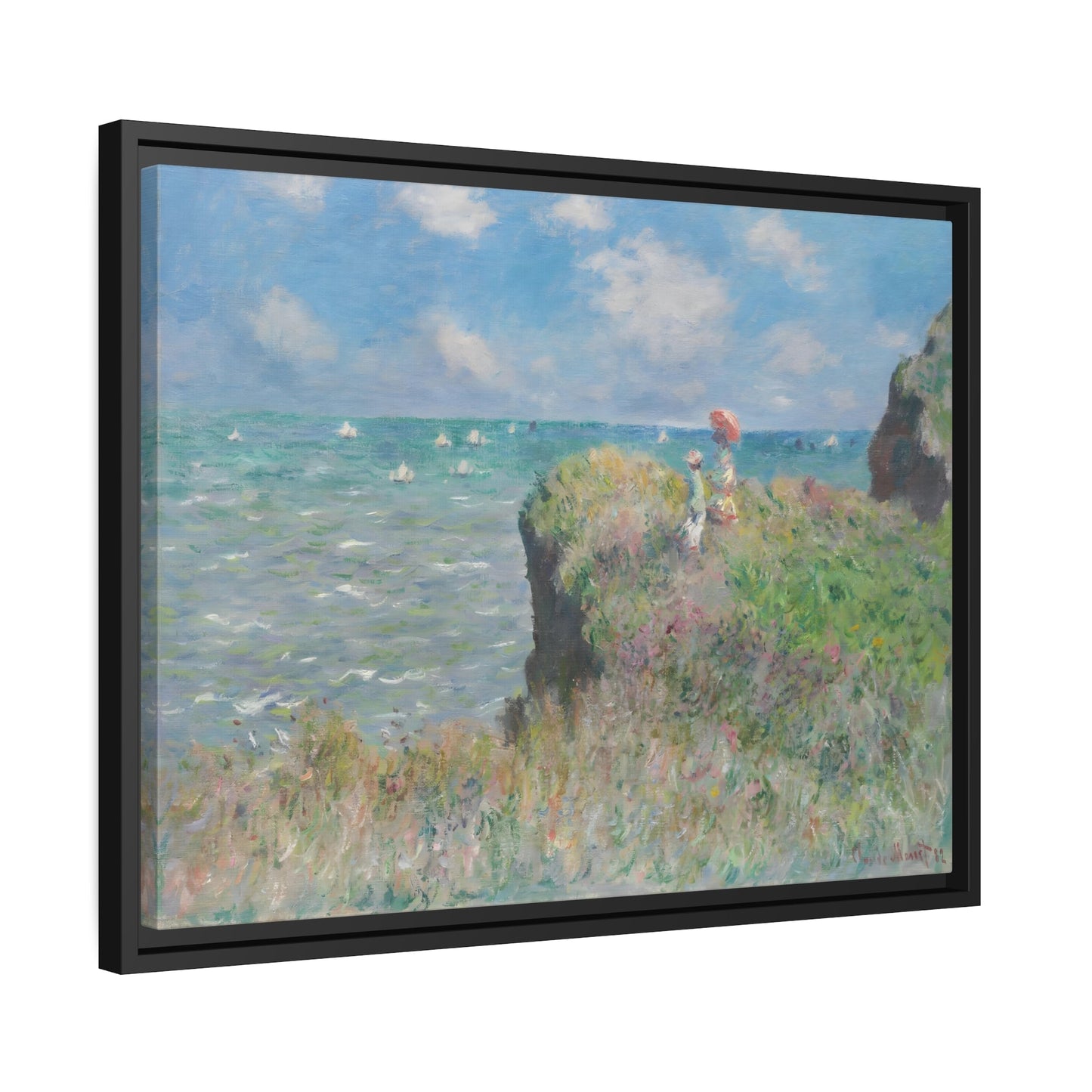 Claude Monet Cliff Walk at Pourville - Famous Framed Canvas Wall Art Print in Black Pinewood Frame