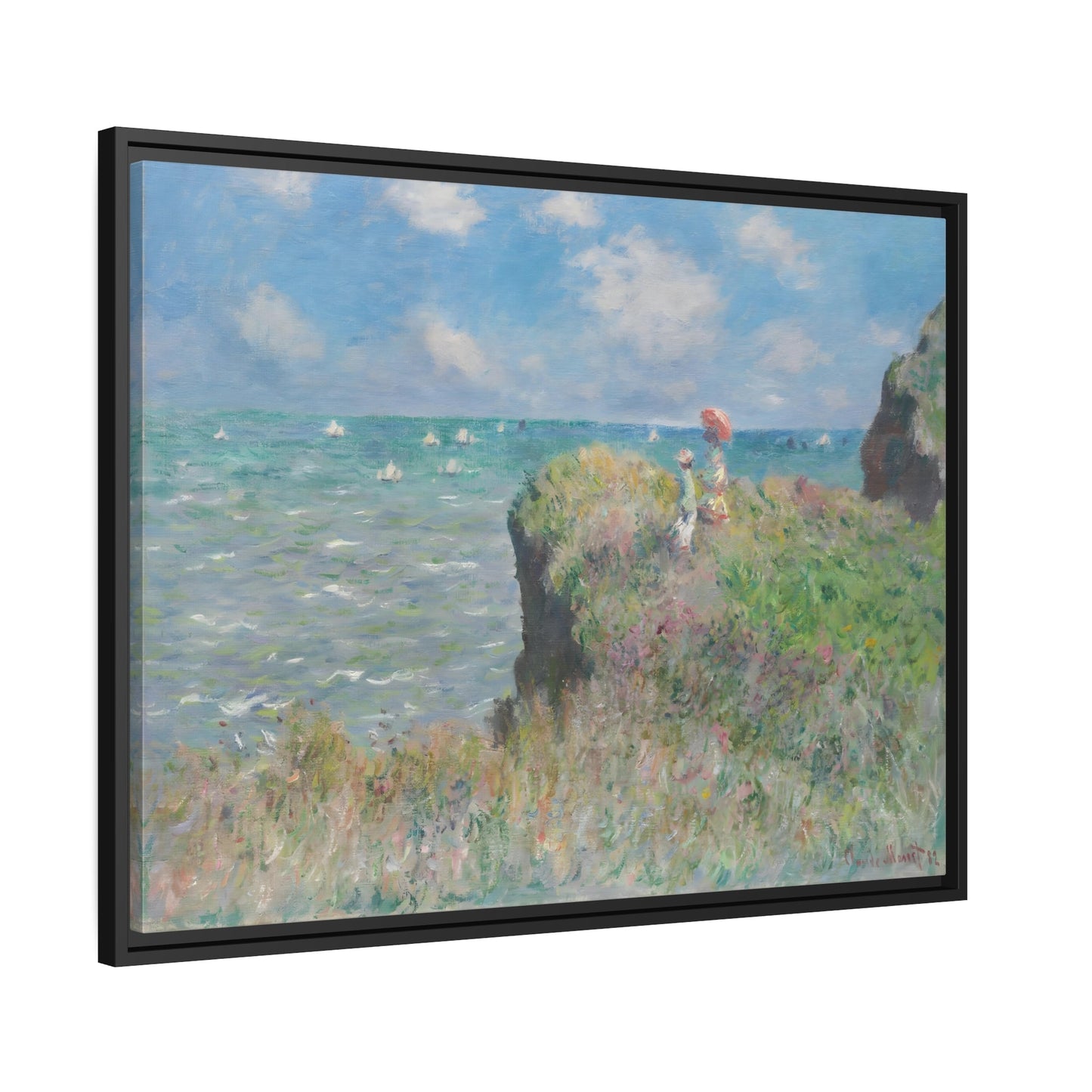 Claude Monet Cliff Walk at Pourville - Famous Framed Canvas Wall Art Print in Black Pinewood Frame