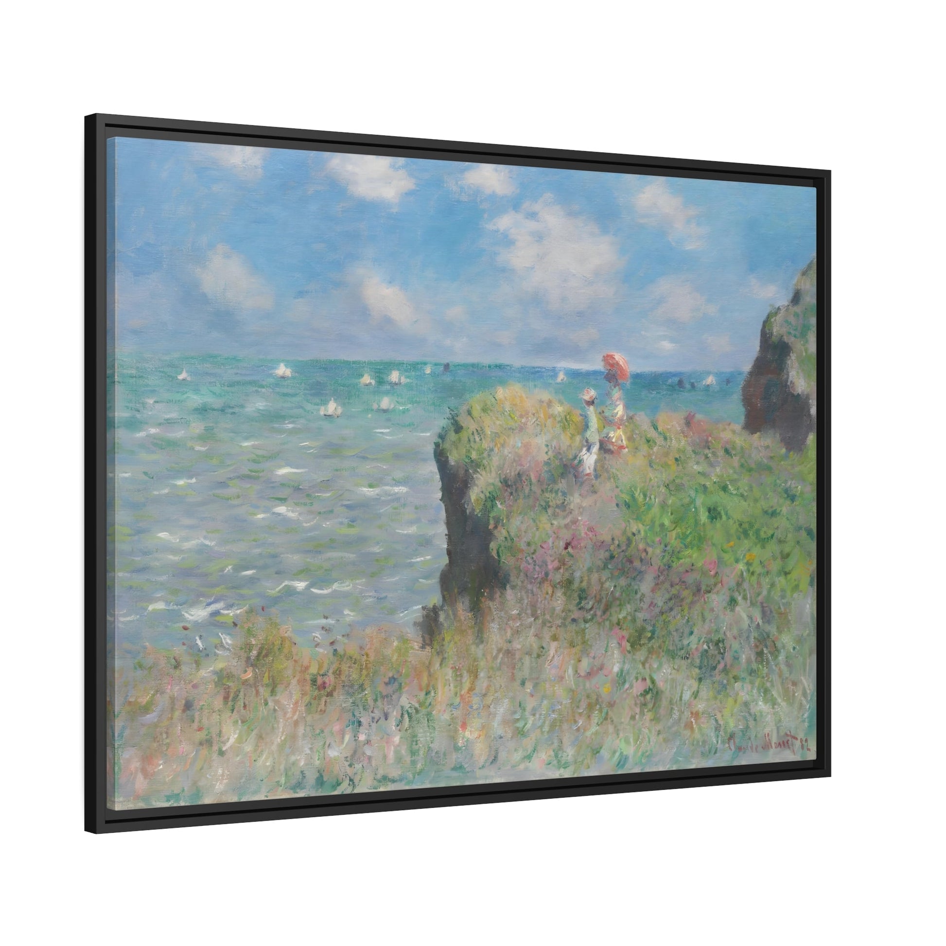 Claude Monet Cliff Walk at Pourville - Famous Framed Canvas Wall Art Print in Black Pinewood Frame