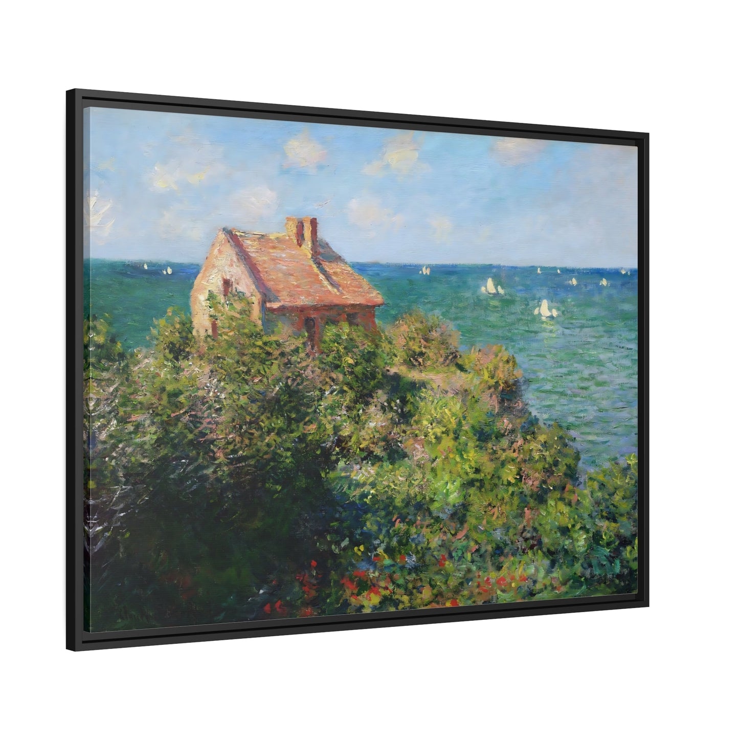 Claude Monet Fisherman's Cottage on the Cliffs - Framed Canvas Wall Art Print in Black Frame