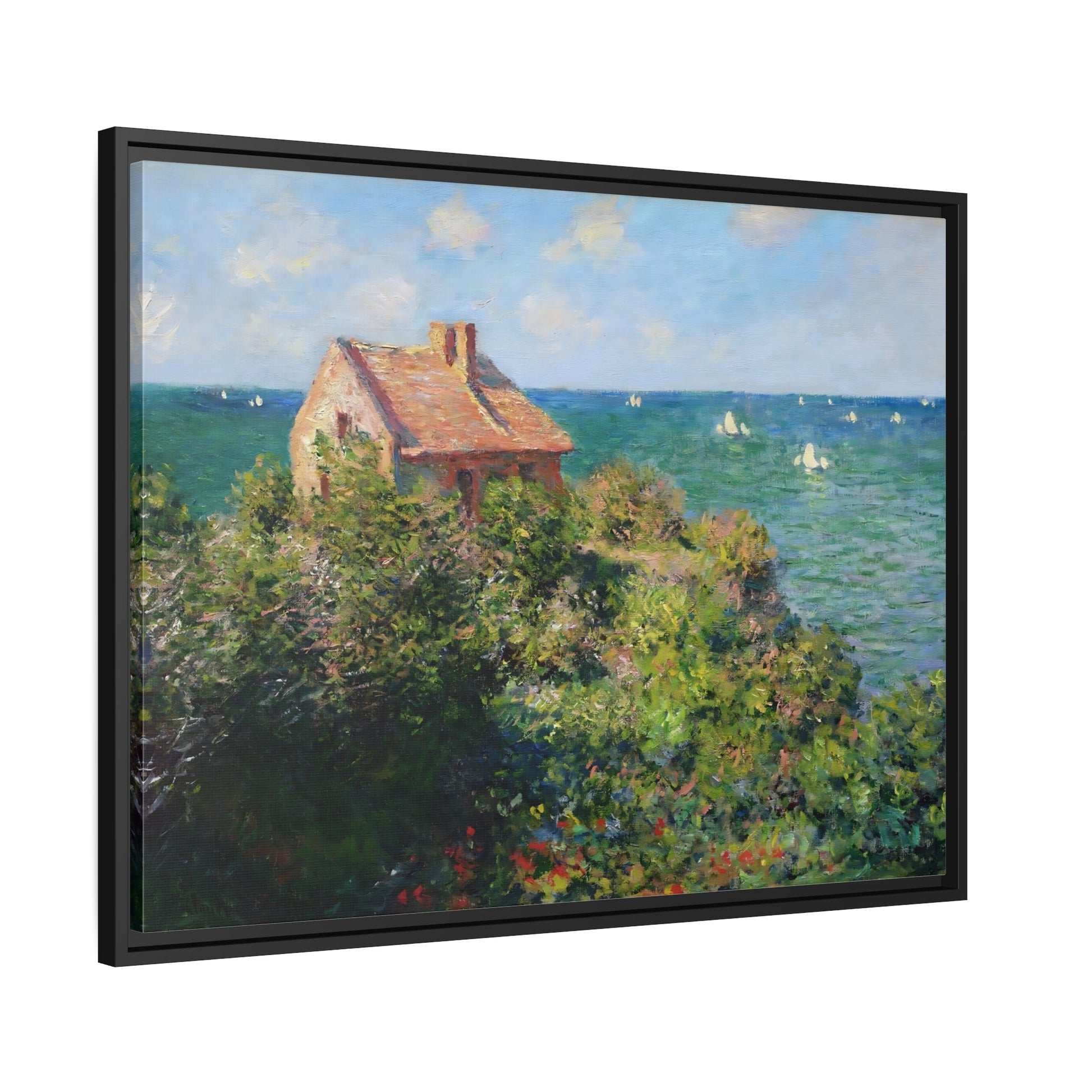 Claude Monet Fisherman's Cottage on the Cliffs - Framed Canvas Wall Art Print in Black Frame