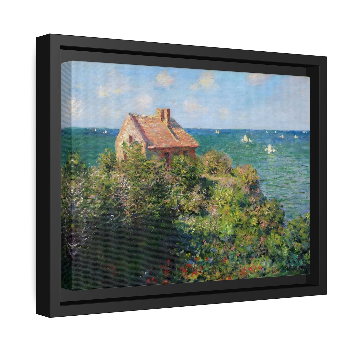 Claude Monet Fisherman's Cottage on the Cliffs - Framed Canvas Wall Art Print in Black Frame