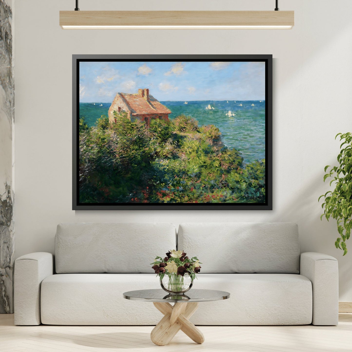 Claude Monet Fisherman's Cottage on the Cliffs - Framed Canvas Wall Art Print in Black Frame