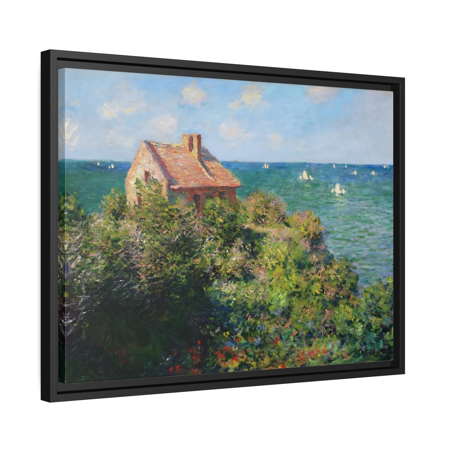 Claude Monet Fisherman's Cottage on the Cliffs - Framed Canvas Wall Art Print in Black Frame