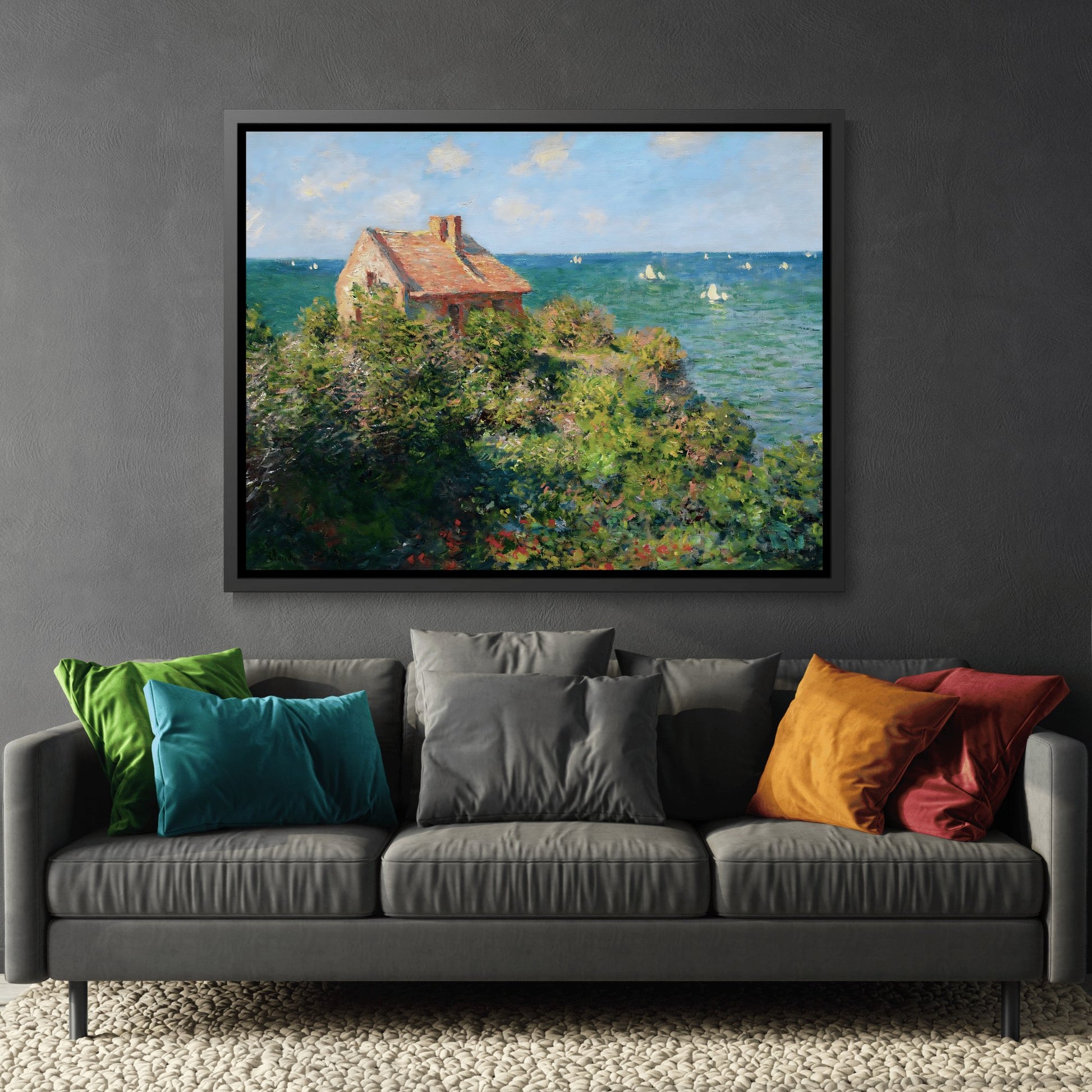 Claude Monet Fisherman's Cottage on the Cliffs - Framed Canvas Wall Art Print in Black Frame