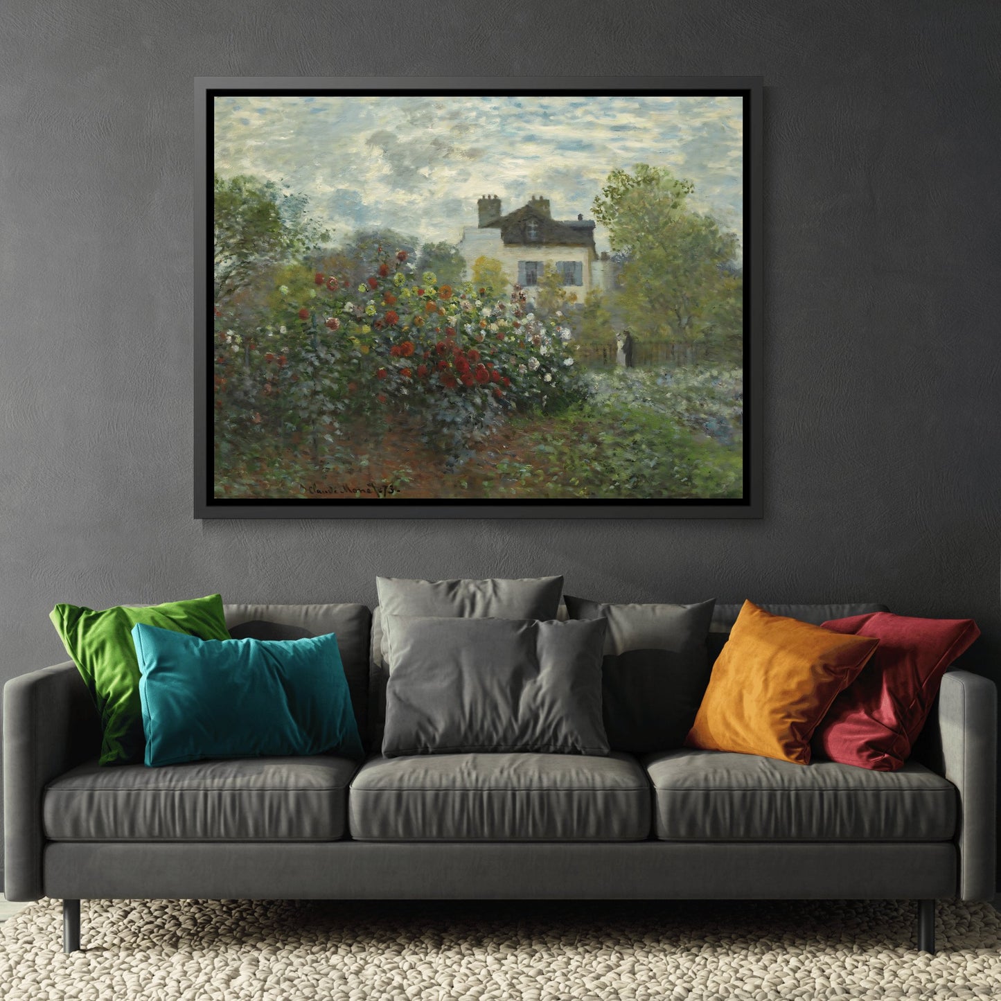 Claude Monet Garden at Argenteuil - Framed Canvas Wall Art Print in Black Frame