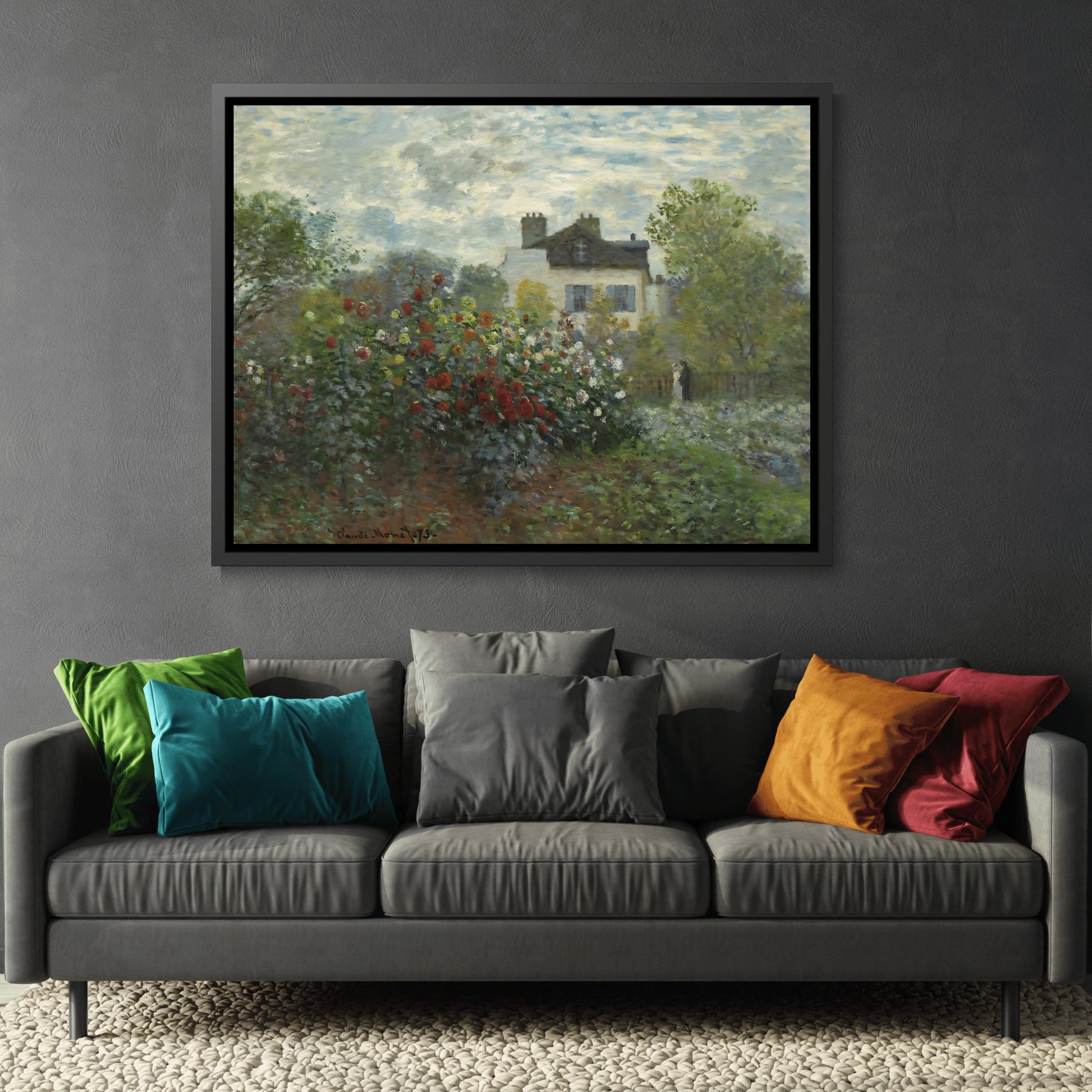 Claude Monet Garden at Argenteuil - Framed Canvas Wall Art Print in Black Frame