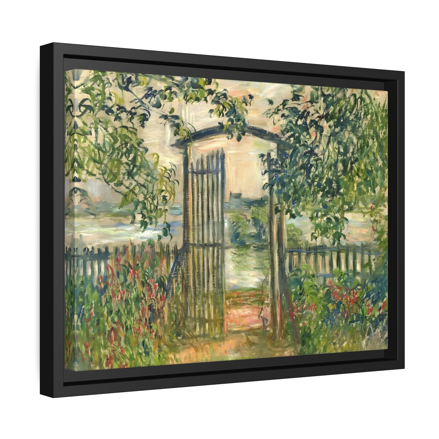 Claude Monet Garden Gate at Vetheuil - Famous Framed Canvas Wall Art Print in Black Pinewood Frame