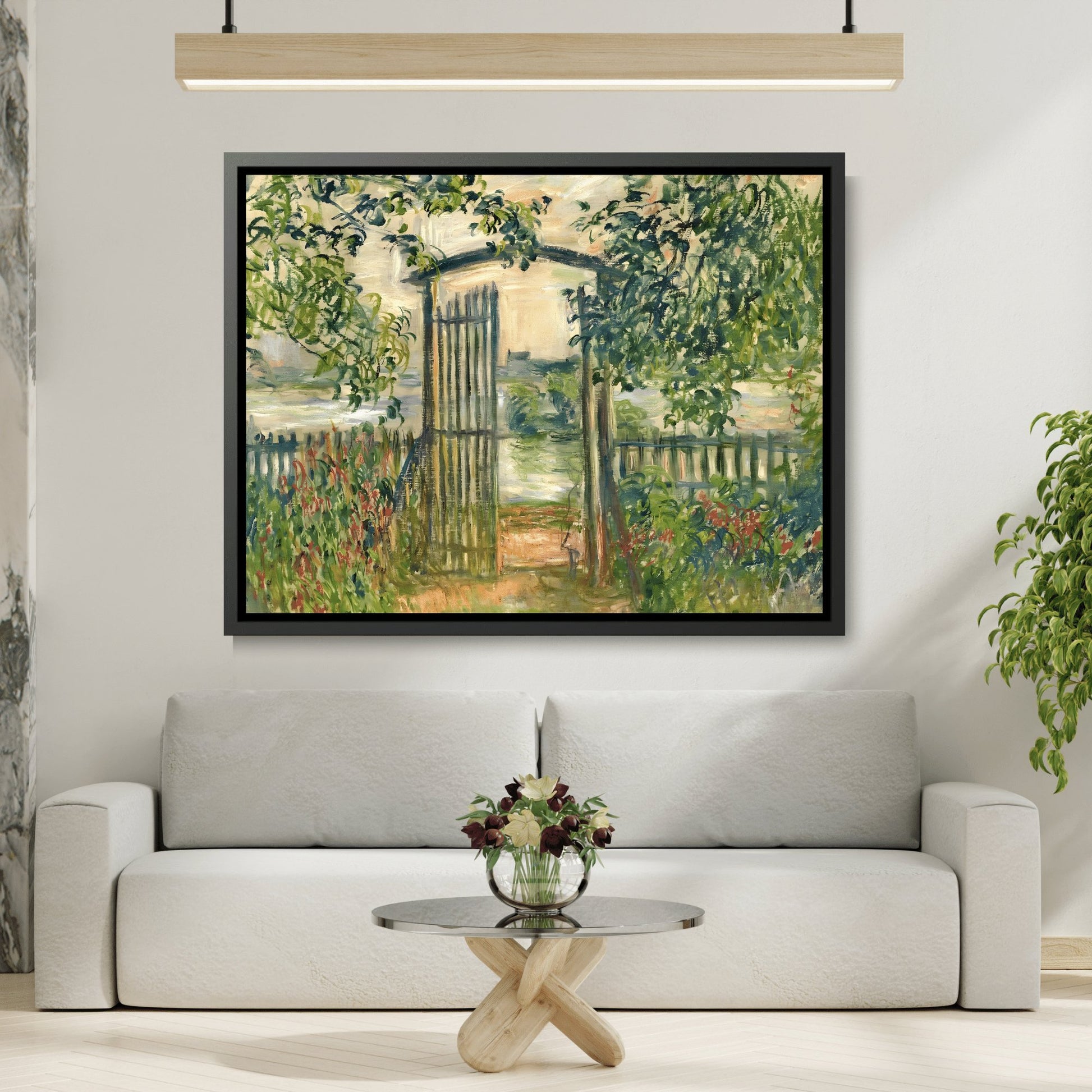 Claude Monet Garden Gate at Vetheuil - Famous Framed Canvas Wall Art Print in Black Pinewood Frame