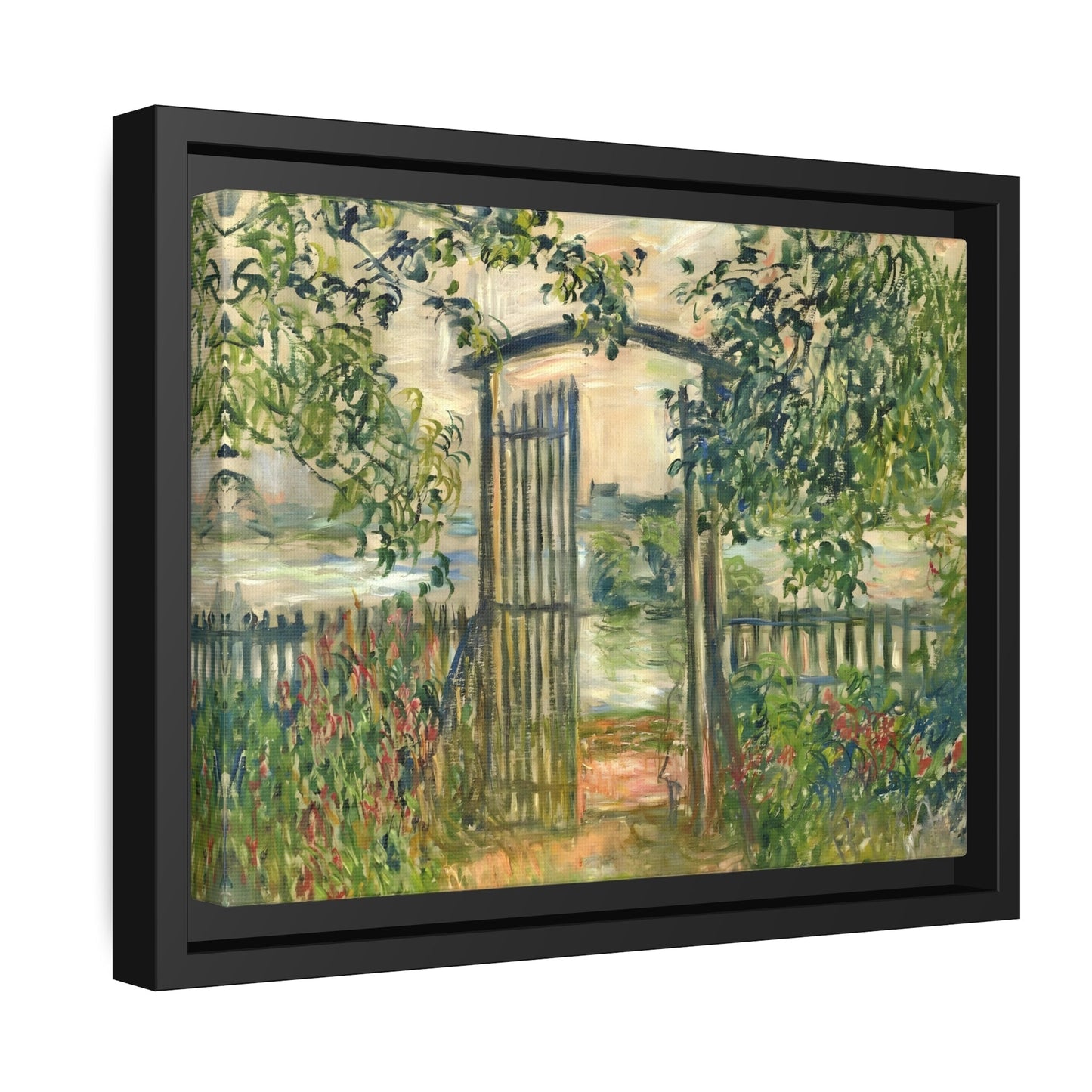 Claude Monet Garden Gate at Vetheuil - Famous Framed Canvas Wall Art Print in Black Pinewood Frame