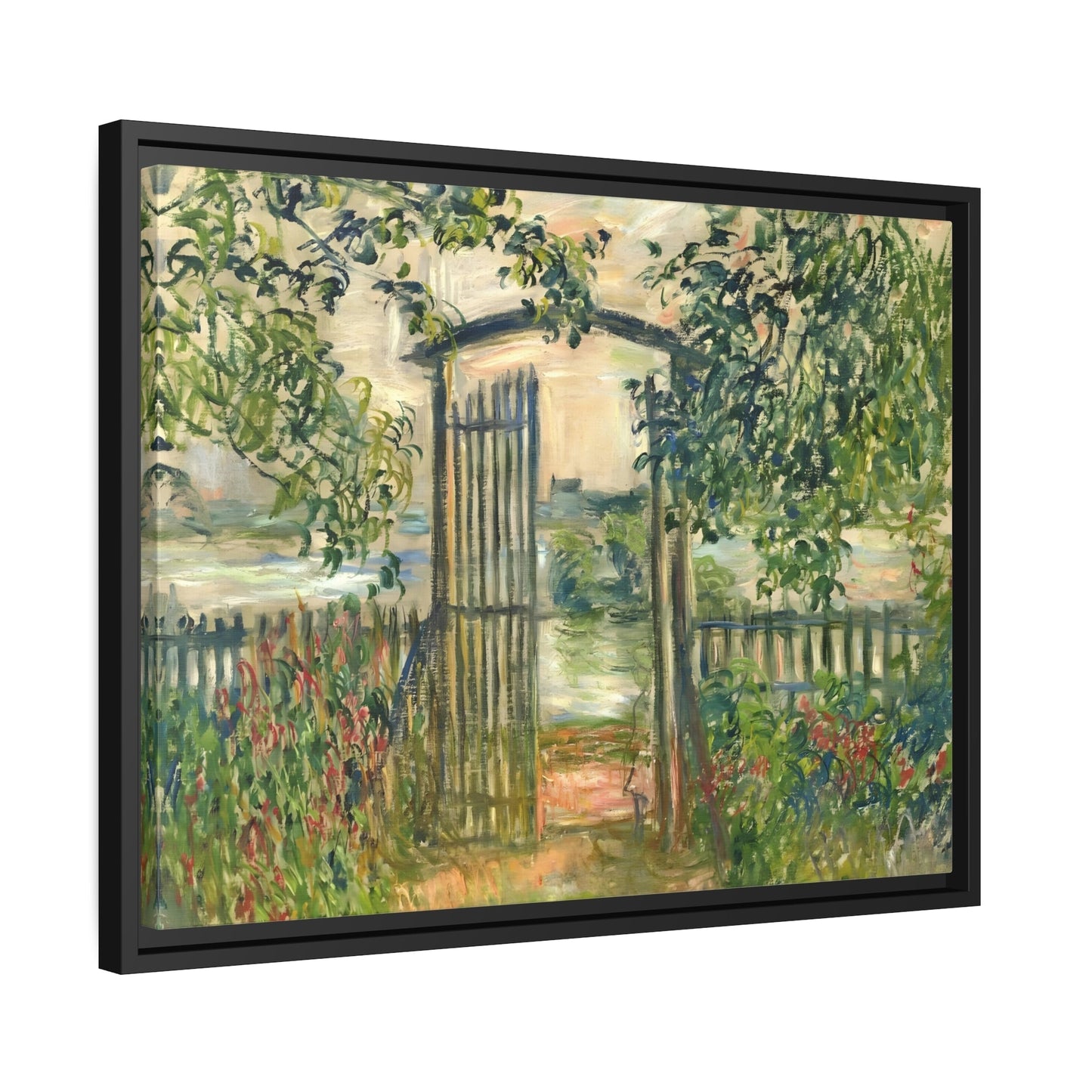 Claude Monet Garden Gate at Vetheuil - Famous Framed Canvas Wall Art Print in Black Pinewood Frame