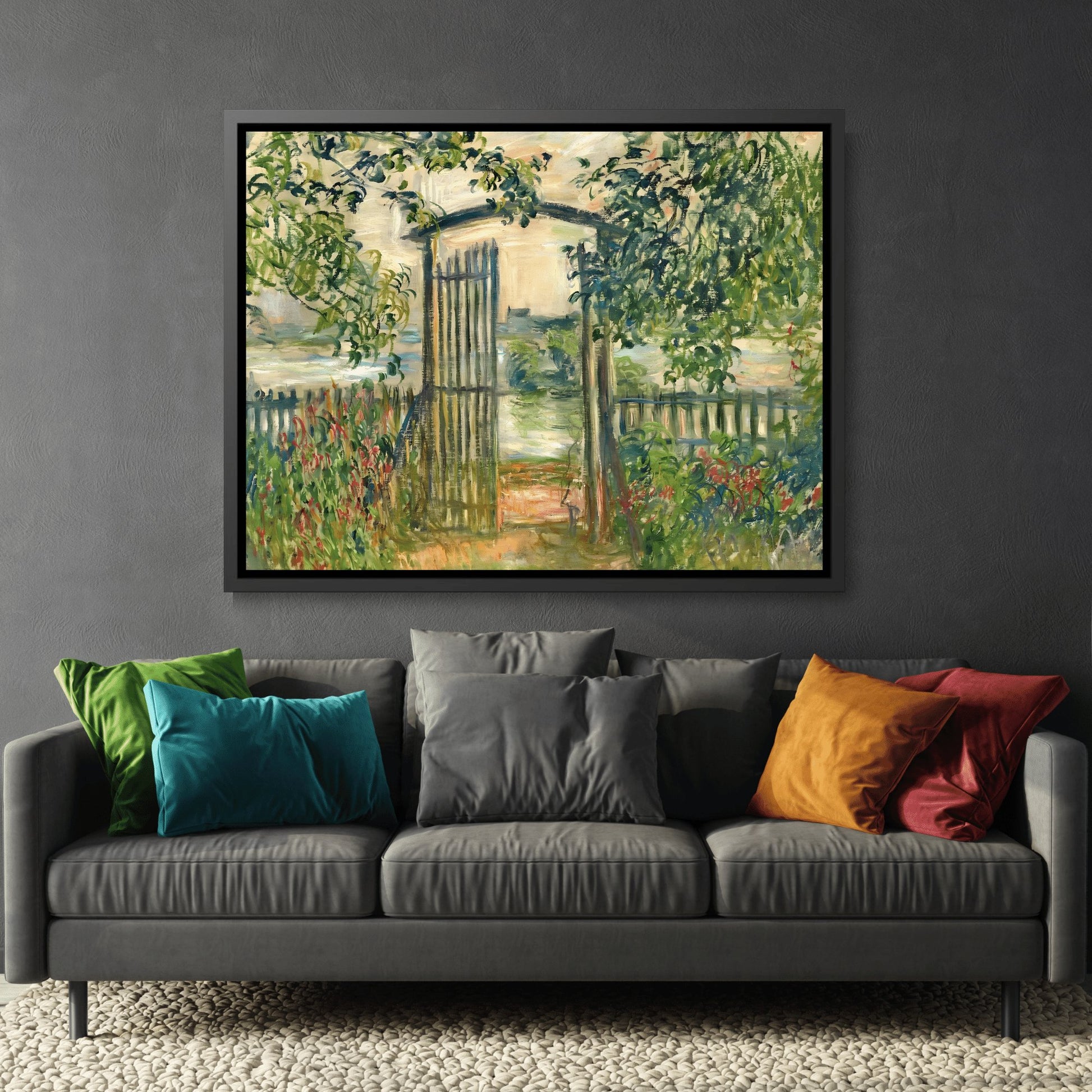 Claude Monet Garden Gate at Vetheuil - Famous Framed Canvas Wall Art Print in Black Pinewood Frame