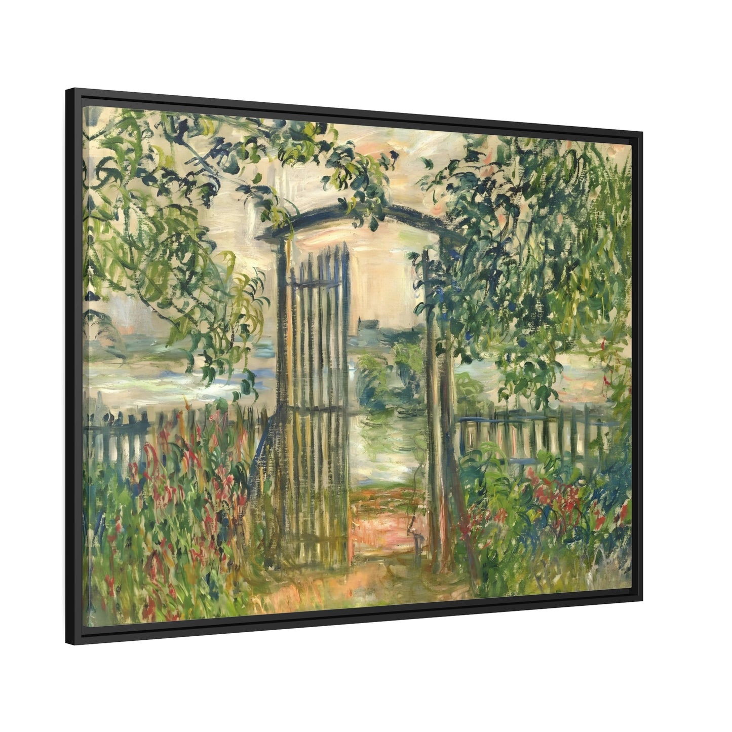 Claude Monet Garden Gate at Vetheuil - Famous Framed Canvas Wall Art Print in Black Pinewood Frame