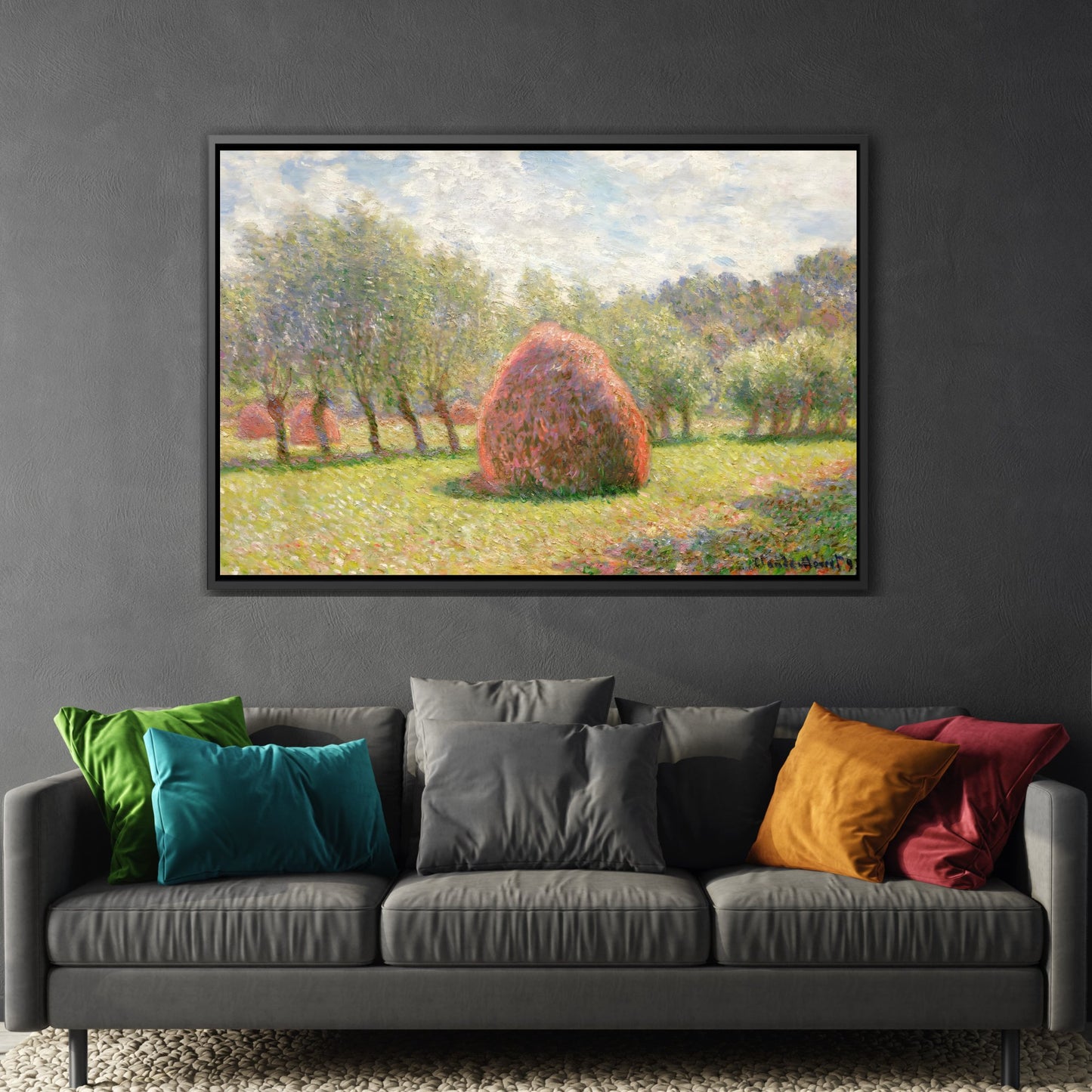 Claude Monet Grindstones in Giverny - Nature Landscape Canvas Wall Art Print in Black Frame