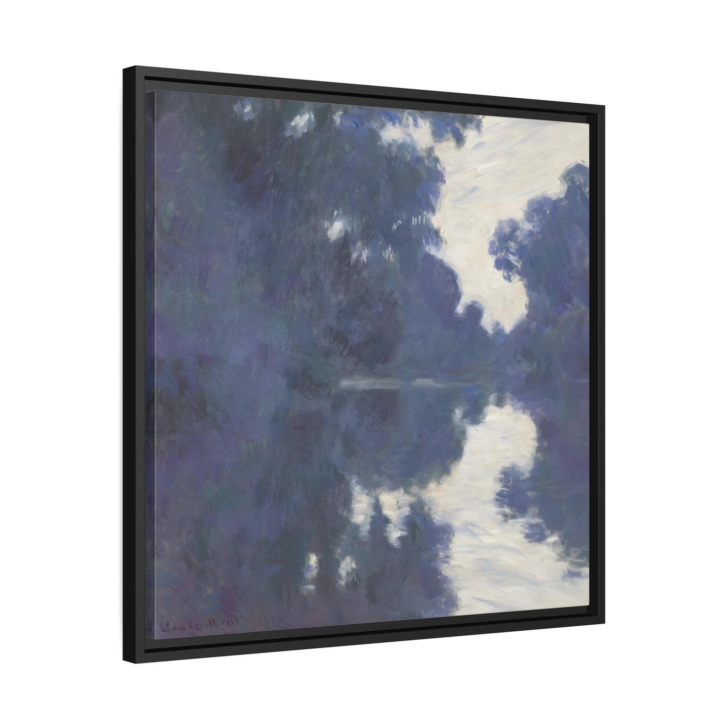 Claude Monet Morning on the Seine - Square Framed Canvas Wall Art Print in Black Frame