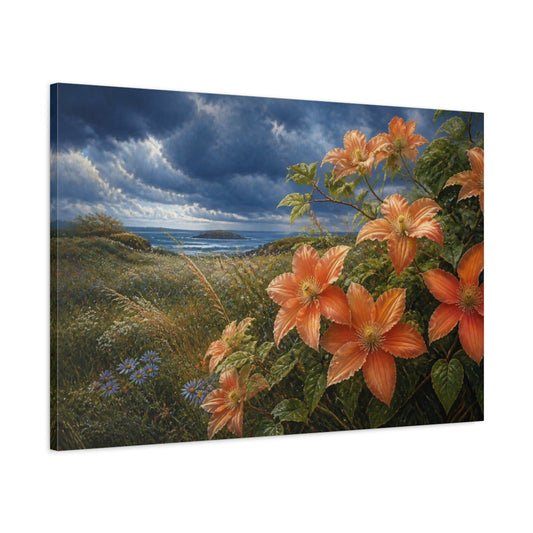Main Mockup. Clematis On Coastal Meadow shown as canvas print
