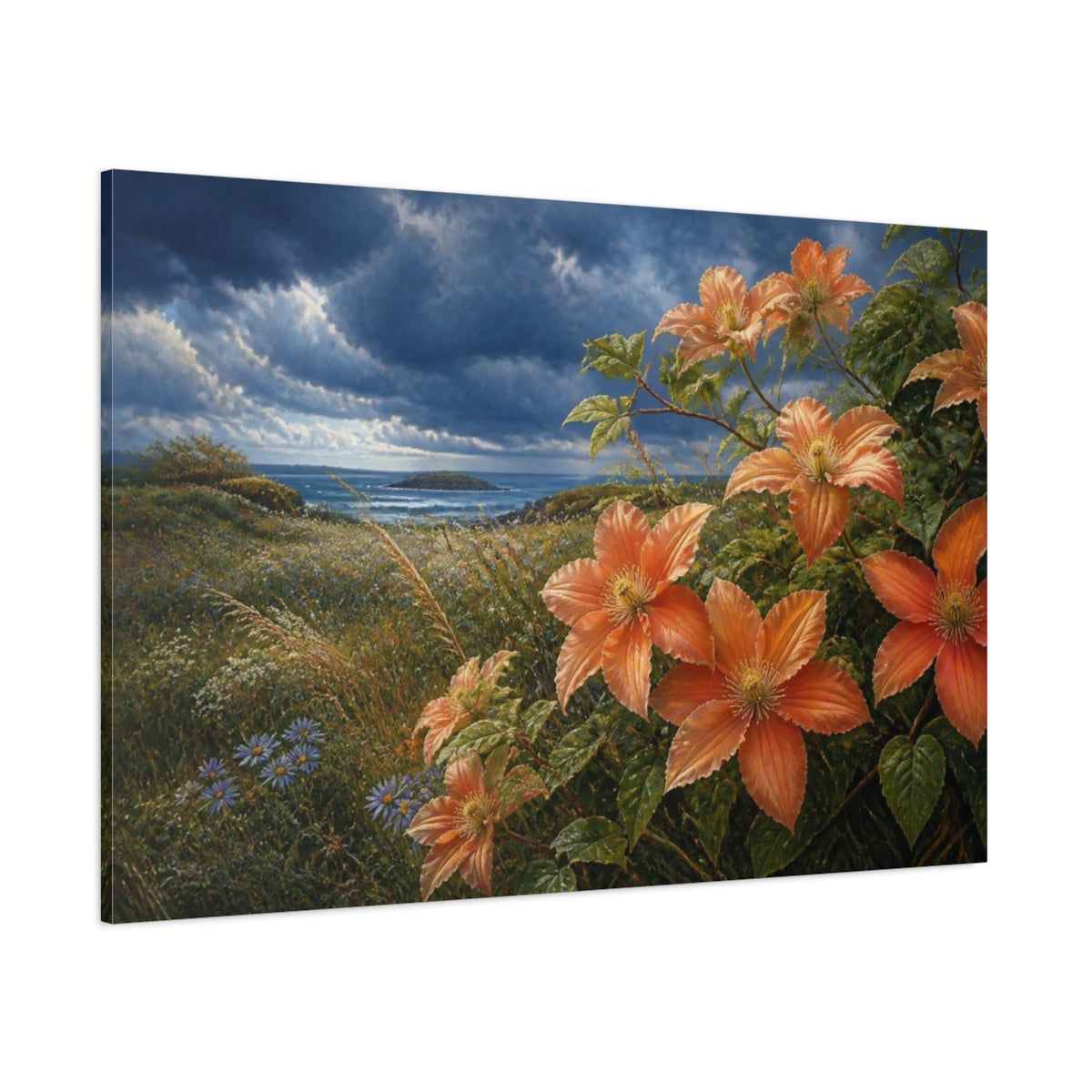 Side Mockup 1. Clematis On Coastal Meadow shown as canvas print