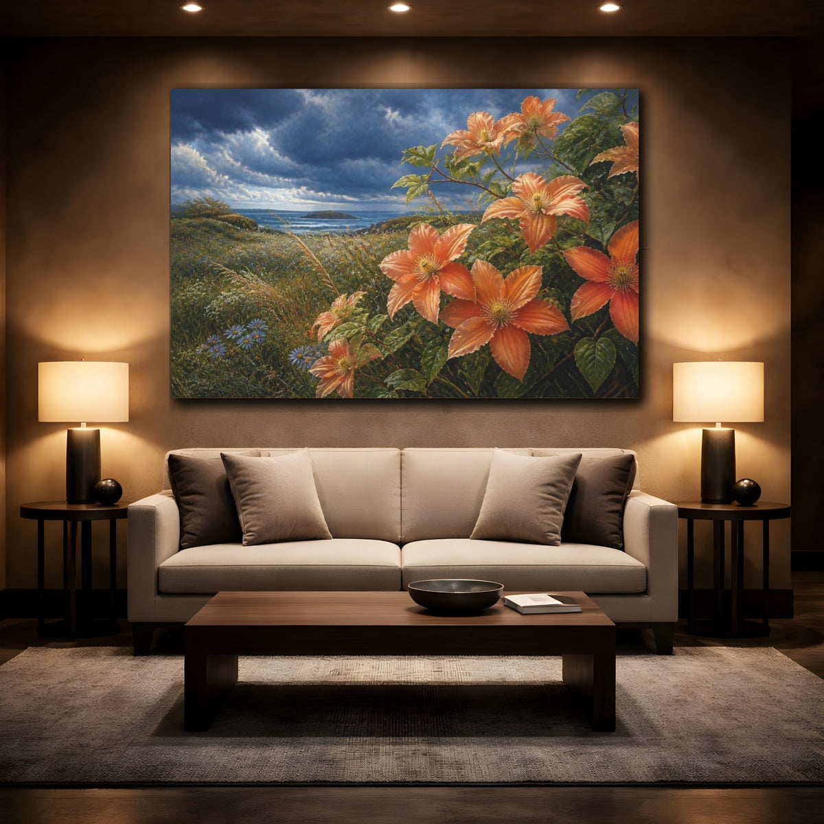 Mockup 2. Clematis On Coastal Meadow shown as canvas print