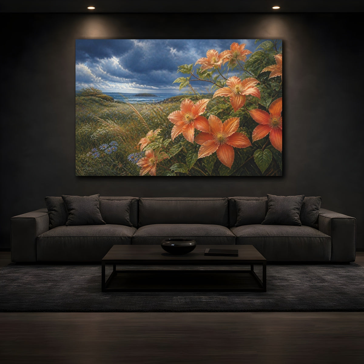 Mockup 3. Clematis On Coastal Meadow shown as canvas print