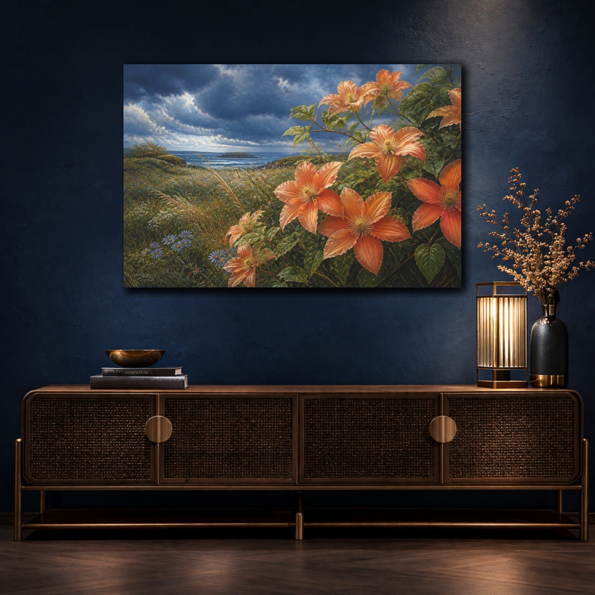 Mockup 4. Clematis On Coastal Meadow shown as canvas print