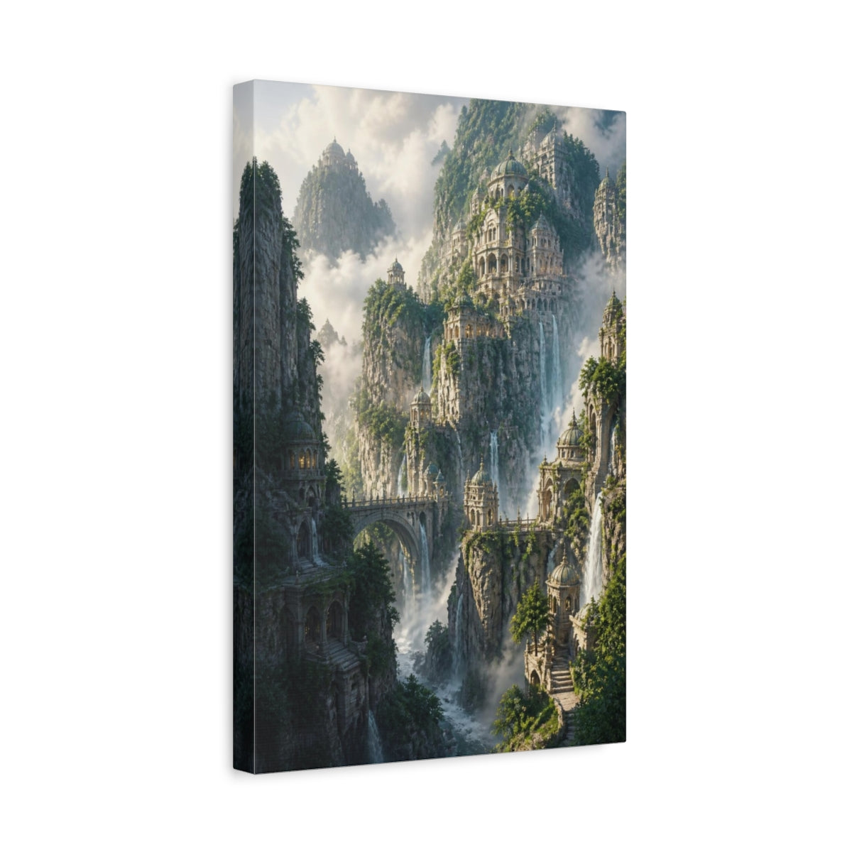 Side Mockup 4. Cliff Citadel At Dawn shown as canvas print